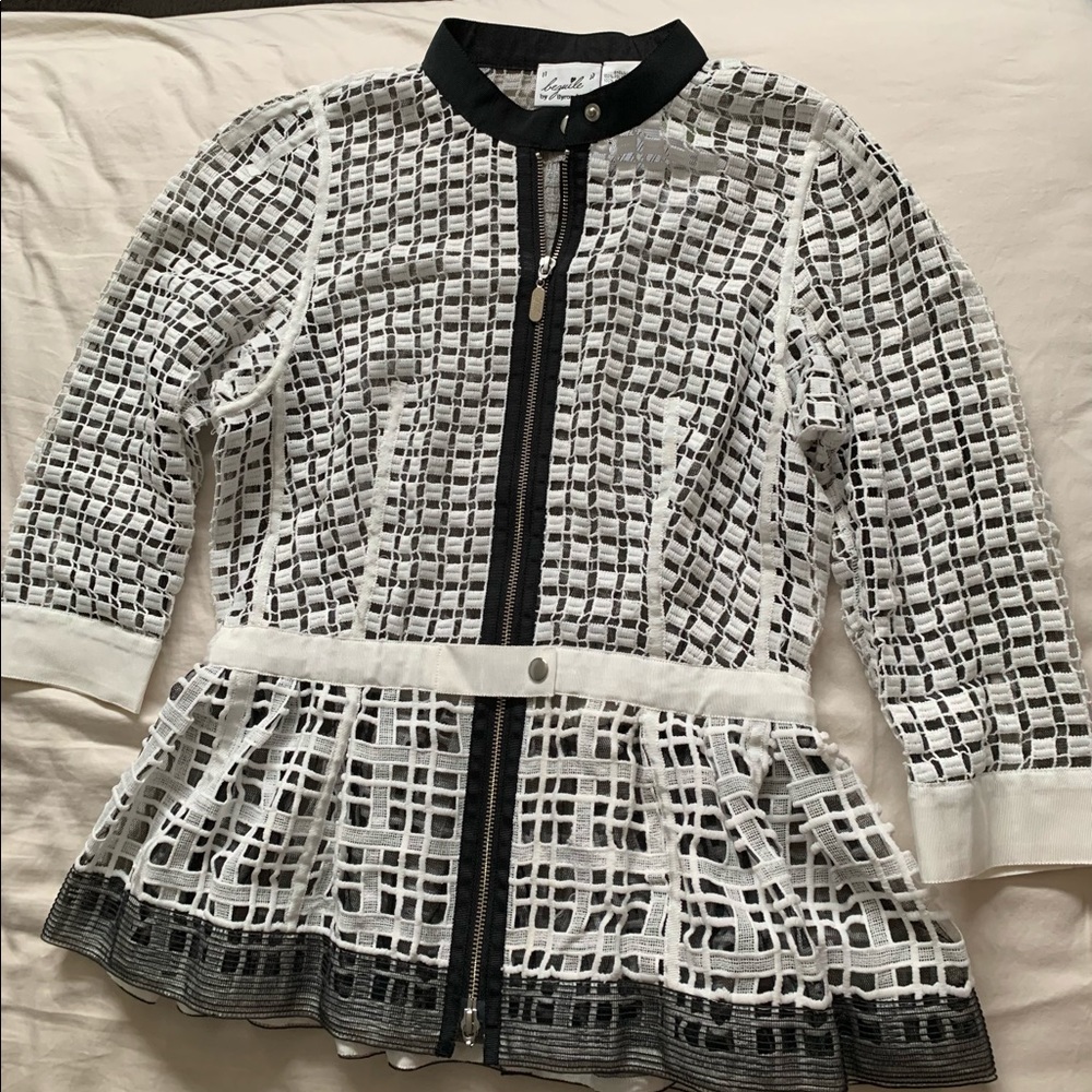 Beguil by Byron Lars lace top and black skirt